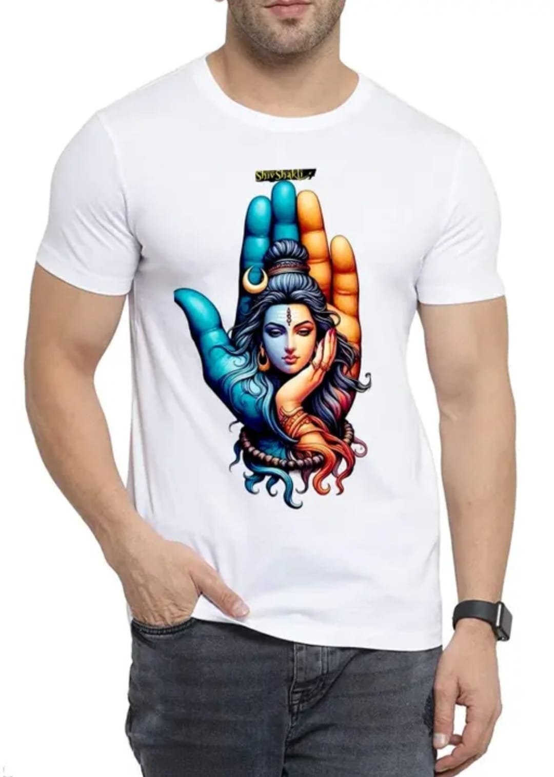 Shiv Shakti Face On Hand Printed Polyester Tshirt For Men And Boys Mahadev Shiv Shambhu