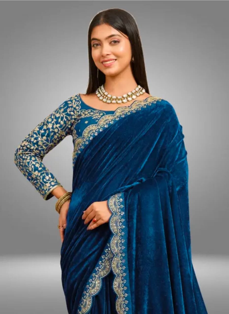 Velvet Morpeach Cutwork Saree With Blouse