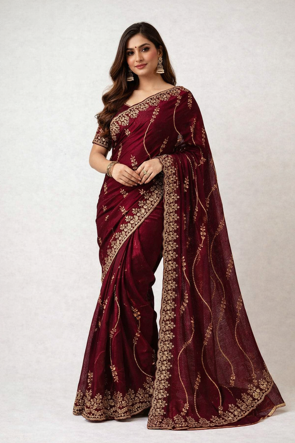 Women\\\\\\\'s Premium Embroidered Partywear Saree |Beautiful floral embroidered scallop border|Festival Special Saree|Trendy Saree 2026| Saree with Golden Sequins Work & Designer Blouse