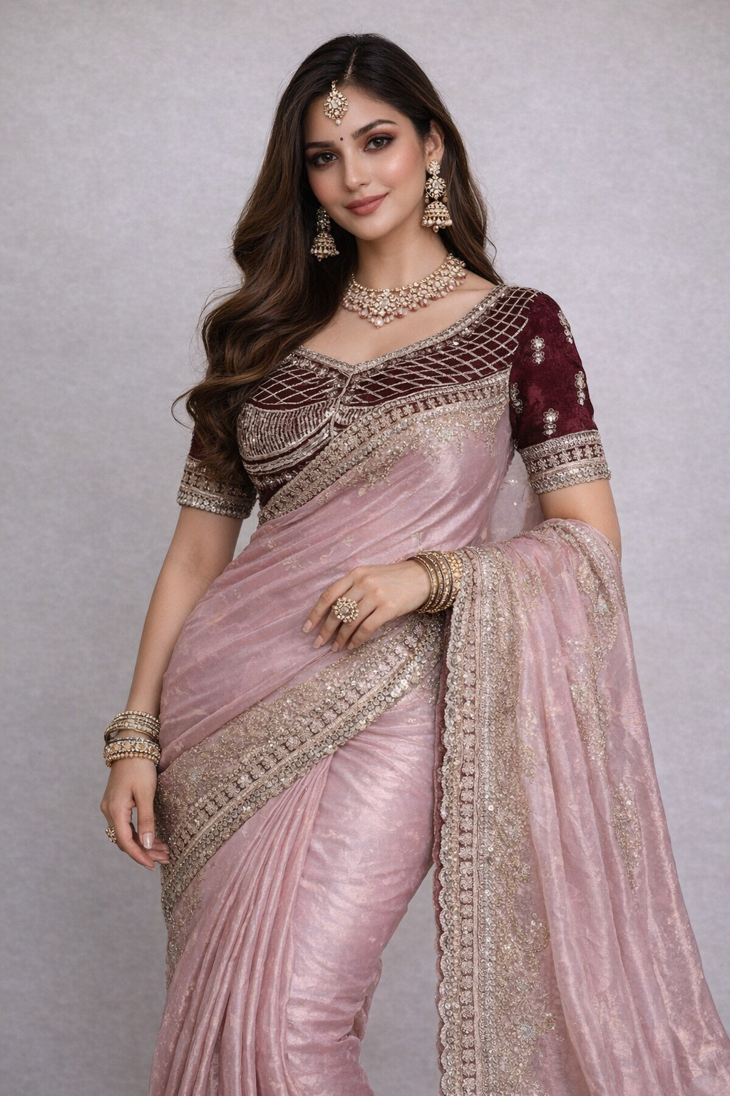 Premium Jimmy Cho Fabric Saree with 3mm Sequins Embroidery Border & lining Design | Party Wear Saree with Contrast Aarco & Bangalori Embroidery Blouse | Designer Saree for Women – Wedding & Festive Collection- Pink