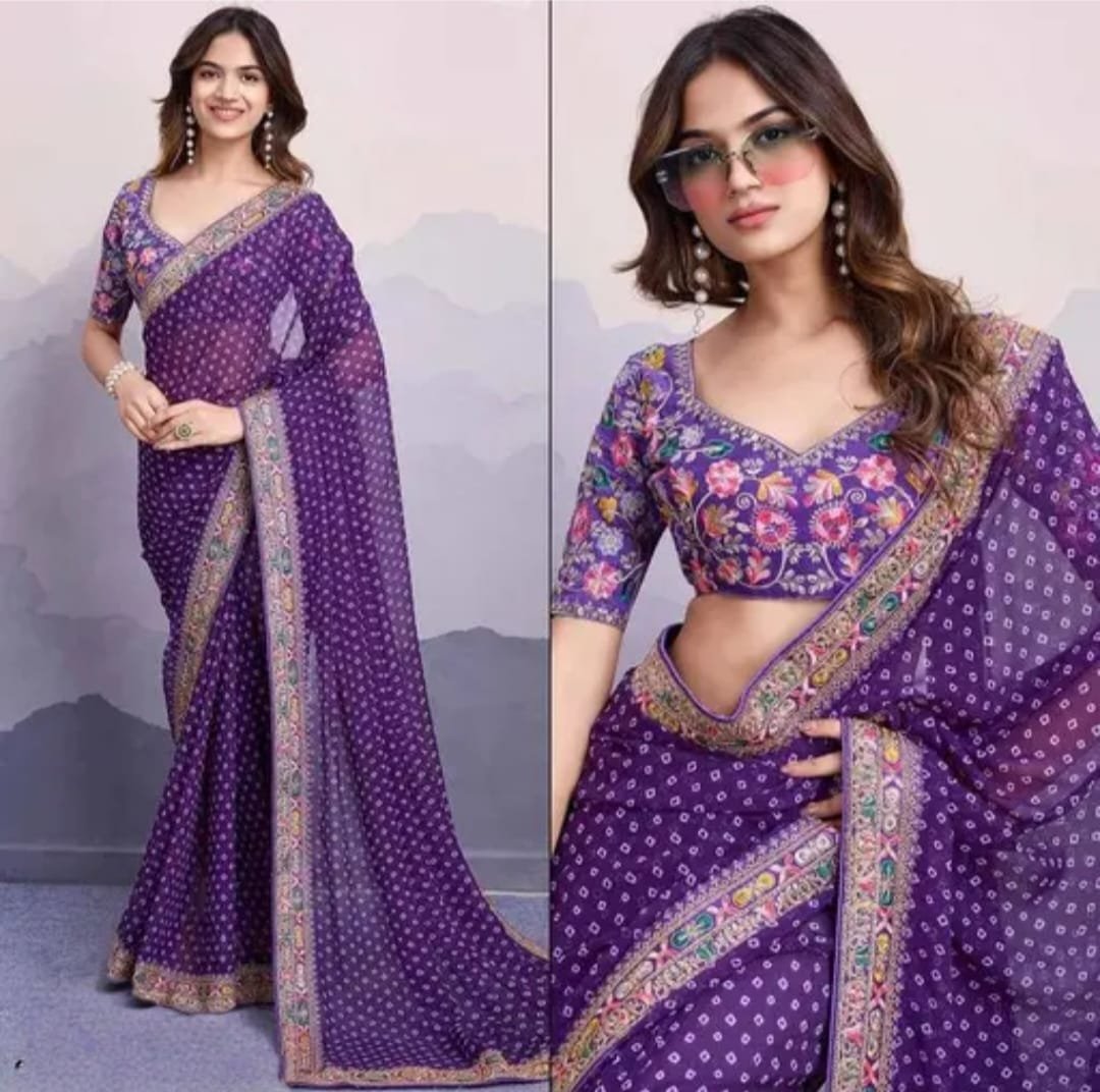Fancy Stylish Designer Bandhani Saree for Women with Multi Color Embroidered Blouse and Lace Border